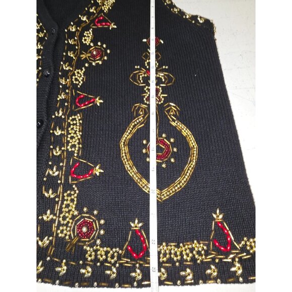Vintage Claudia D. Black Knit Vest Red & Gold Bead Embellishments 1996 Holiday - Picture 6 of 6
